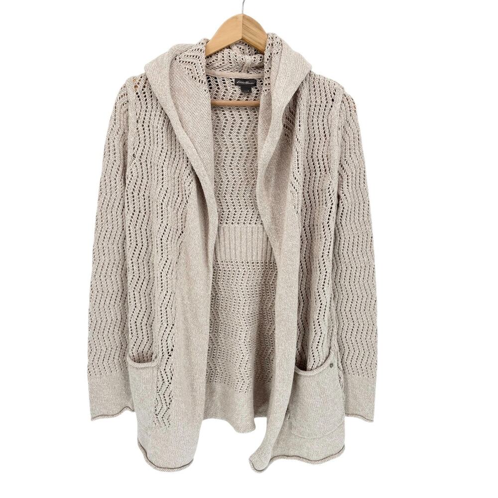 Eddie Bauer Open Front Cardigan Womens S Cotton Knit Long Hooded Beach Coastal